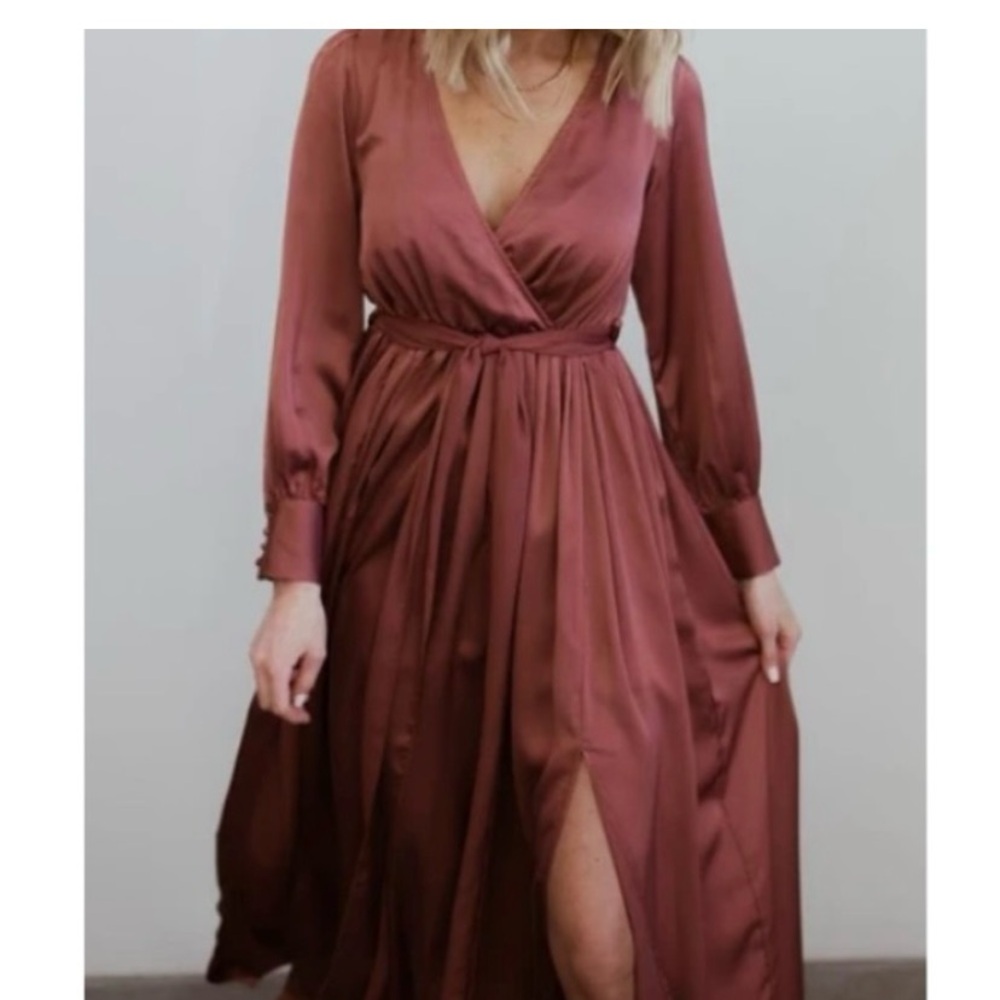 Baltic Born Jenna Satin Wrap Dress —dark mauve